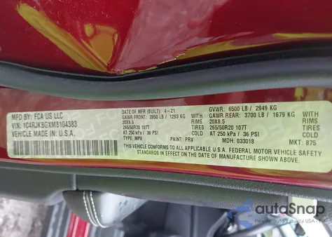 2021 Jeep Grand Cherokee L Limited 4X4 z USA, uszkodzony, nr VIN 1C4RJKBGXM8104383